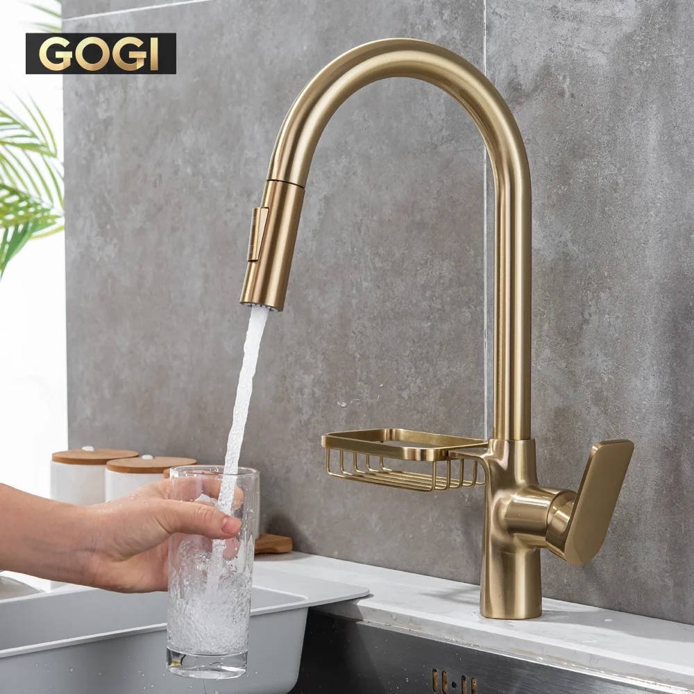 GOGI Brushed Gold Solid Brass Kitchen Sink Faucet Pull‑Out Mixer Tap with Soap Sponge Holder Ceramic Valve Core 2 Water Modes