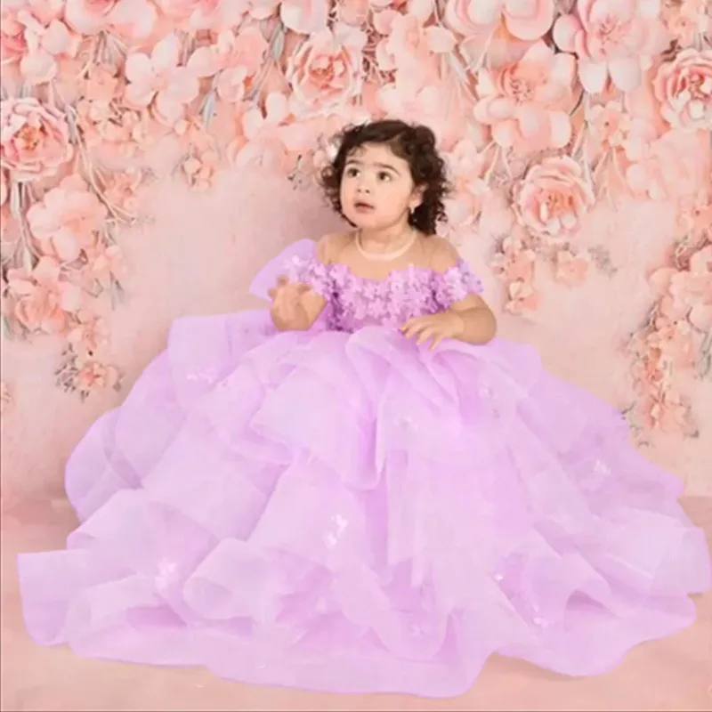 Lovely Pink Flower Girls Dress Puffy Sheer Neck Tiers Tulle Children Girl Wedding Birthday Party First Communion Holiday Gown