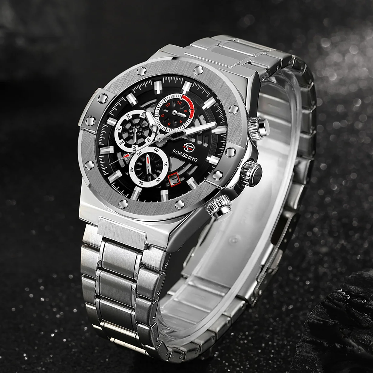 

2024 New Sports Waterproof Mechanical Watches Luxury Stainless Steel Skeleton Multifunctional Automatic Date Wrist Watch For Men