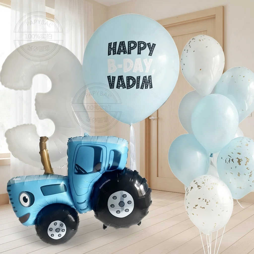 14PCS Bauernhof Traktor Ballon Set Blau Digitale Folie Ballon Traktor Ballon Geburtstag Party Dekoration Lieferungen Baby Dusche Globos
