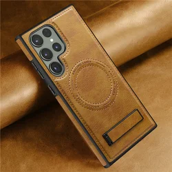 Luxury Leather Phone Magsafe Case For Samsung Galaxy S25 S24 Ultra S22 S23 Magnetic Wireless Back Cover Kickstand Holder Stand