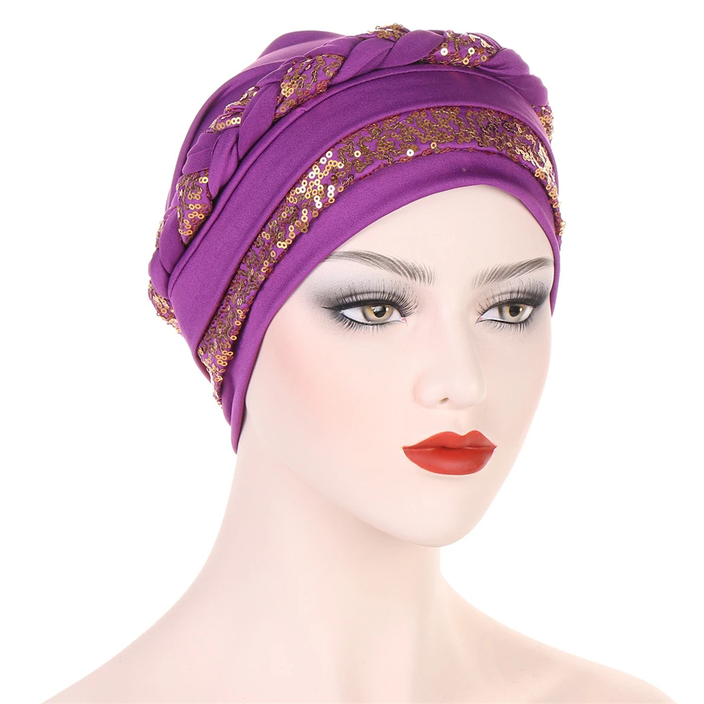 

New Indian Braids Sequins Hijab Women Muslim Bonnet Headwrap Scarf Cancer Chemo Caps Ladies Beanies Hair Loss Hat Turbante Mujer