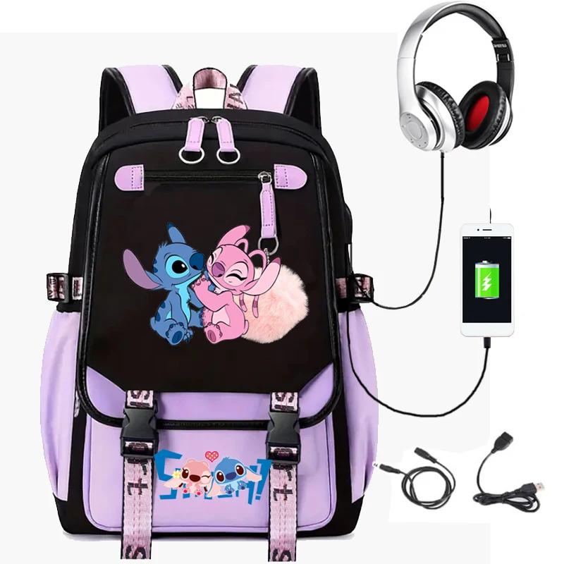 Lilo & Stitch USB Backpacks Multifunction Pocket Patchwork School Bags Big Laptop Mochila Escolar For Teens Boys Girls