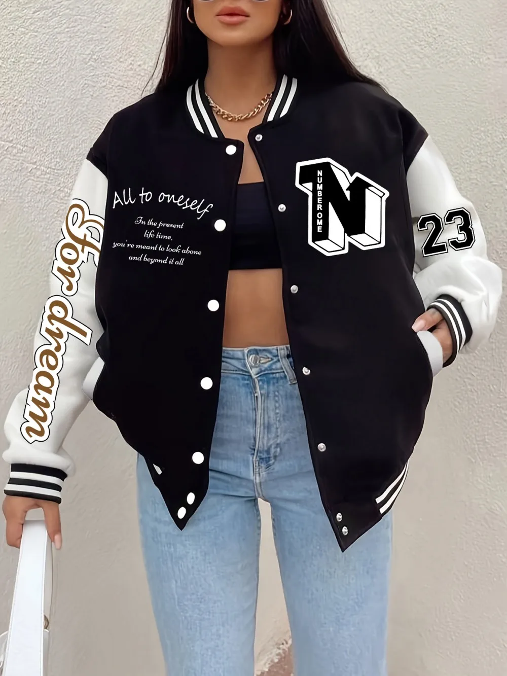 

All To Oneself Number 23 Prints Baseball Coat Womens Basics Sporty Jackets Street Pocket Tops Winter Fleece Warm Woman Clothes