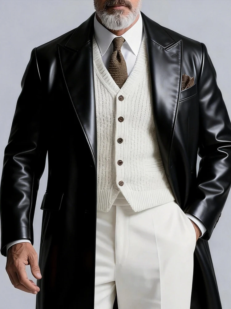 Luxury Men Leather Long Coat Notched Lapel Mid‑Length Business Overcoat Elegant Casual Outerwear Windbreaker Jacket Gentleman
