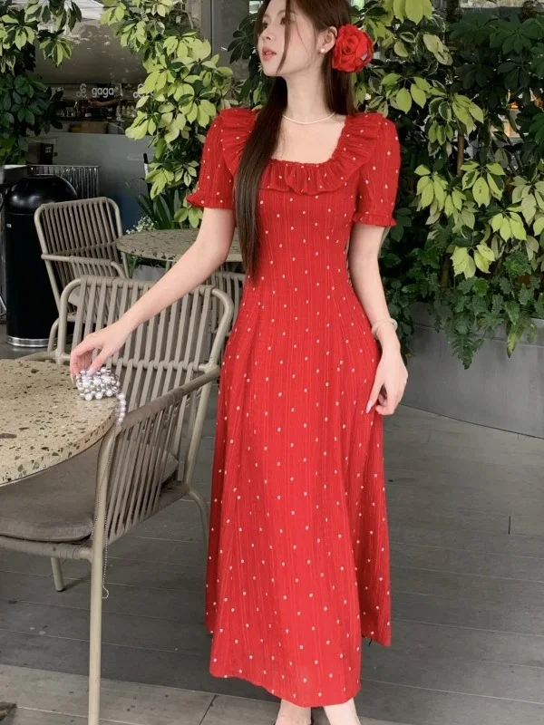 

plus Size Red Flower Short Sleeve Dress Summer New Style Square Collar Waist Cinching Slimming Knee-Length A-Line Dress