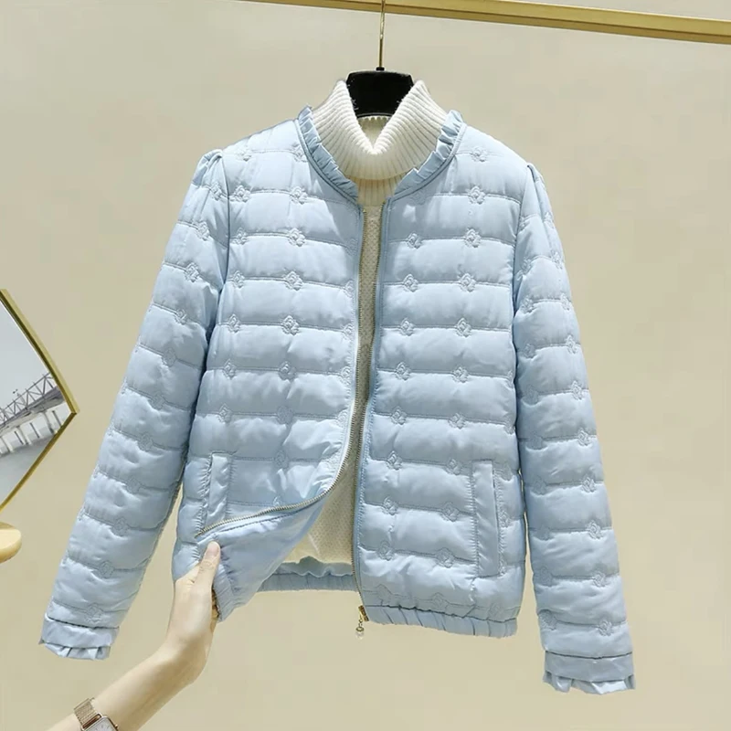 Chaquetas acolchadas recortadas para mujer, Parkas de algodón Kawaii con cuello redondo y bordado, ropa de abrigo cálida coreana, rosa, dulce,