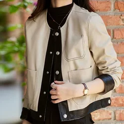 Spring Autumn New Color Block Leather Coat Women's Short Round Neck Motorcycle Leather Jacket Casual Single Breasted PU Outwear