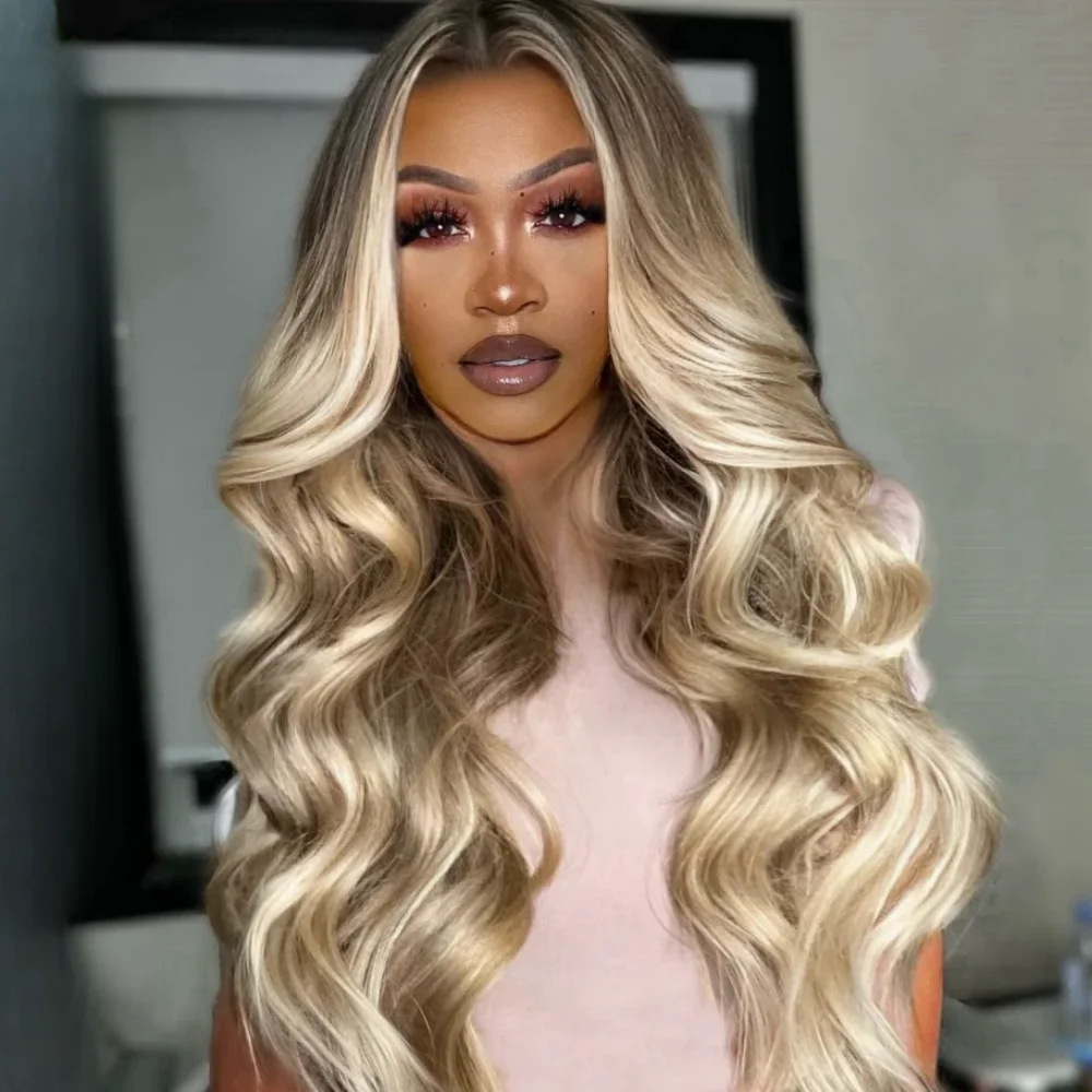 Highlight Honey Blonde Loose Wave Lace Front Wigs for Women 613 Balayage Body Wave Synthetic Wigs with Pre plucked Frontal