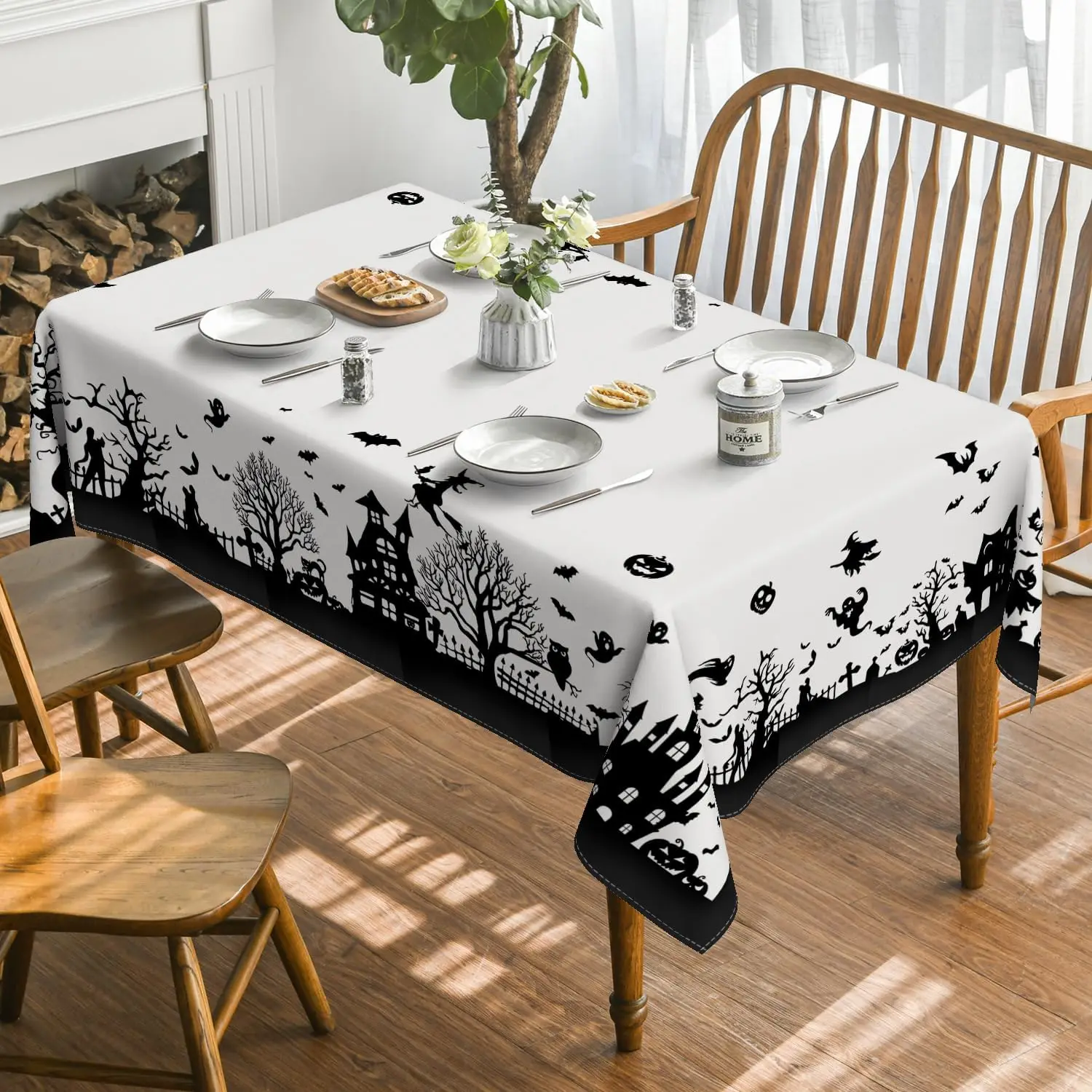 

Halloween Castle Tree Scary Themed Rectangle Tablecloths Party Decor Bat Owl Pumpkin Printed Table Covers for Picnic Table Decor