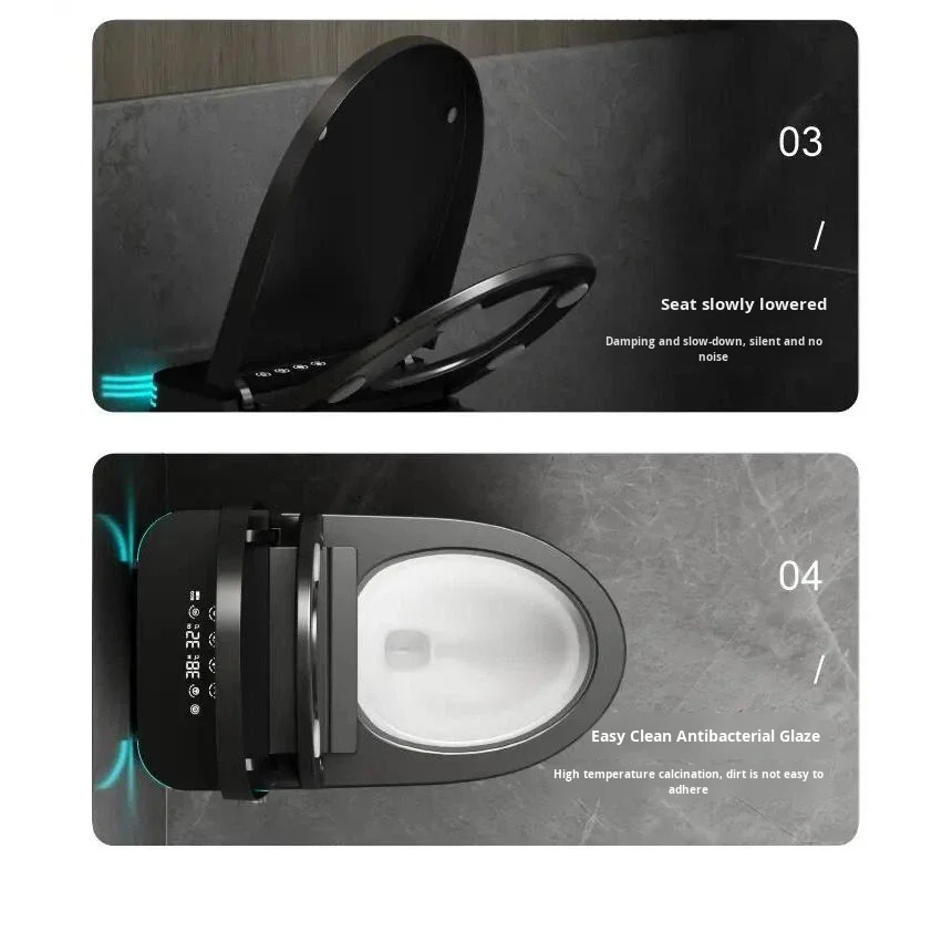 

Modern Gray Black Elongated Ceramic Toilet with Auto Open Close Lid Strong Flush Remote Control Seat Heating Works with Any Wate