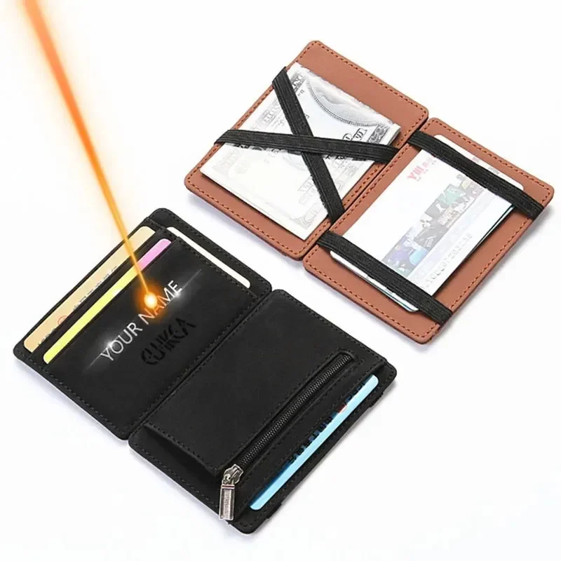 

Engraved Name Card Holder Wallet High Quality PU Leather Zipper Coin Pocket Small Magic Purse Personalized Name Mini Man Wallets