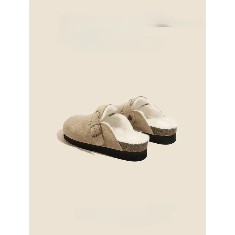 Comwarm الكلاسيكية الشتاء البغال للنساء الرجال جديد الشتاء الفراء الجلد المدبوغ قباقيب الفلين القدمين دافئ غامض النعال مع مشبك قابل للتعديل