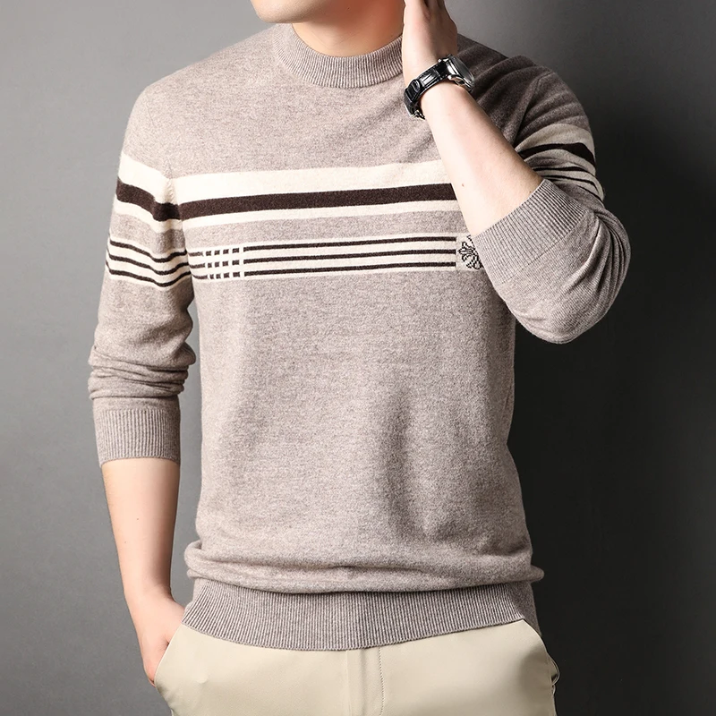 

2022 100% Wool Striped Men's Sweaters Luxury Round Collar Long Sleeve Computer Knitted Pullover Male Sweaters Spring Autumn