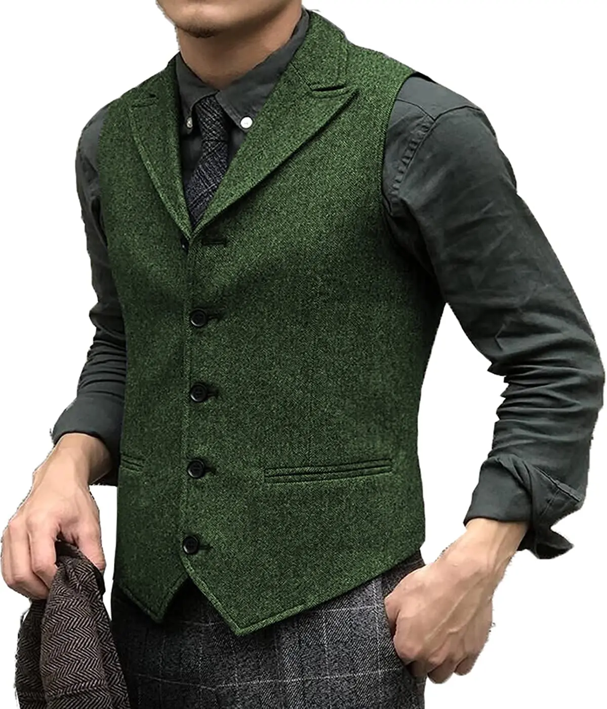 Men's Suits Vests Tweed Vest Green Herringbone Suit Vest Business Formal Causal Men's Waistcoat Wedding Grossemen Vest 2023