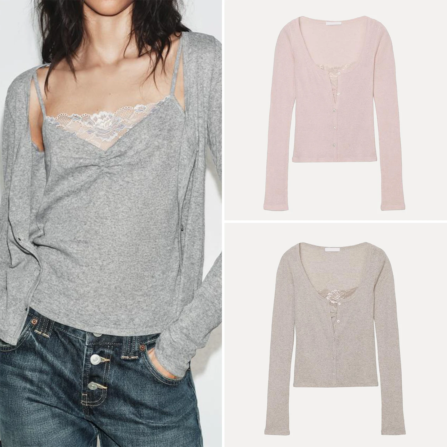 Fashionable Long Sleeve V-Neck Lace Patchwork Top Coat Women's Spring 2026 ZADATA Ladies T-Shirt European Style Other Material