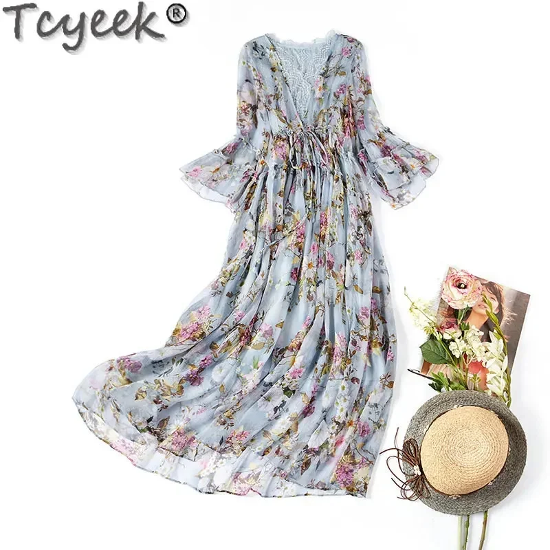 Women's Tcyeek V-neck Spring Summer 100% Mulberry Silk Midi Dress Elegant Dresses for Woman Clothes Vestidos Para Mujer