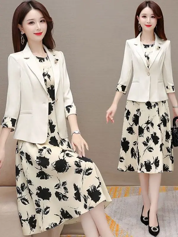 

Fashionable Floral Suit Jacket And Vest Dress Two-Piece Set Korean Style High Waist A-Line Skirt Versatile Autumn 2025
