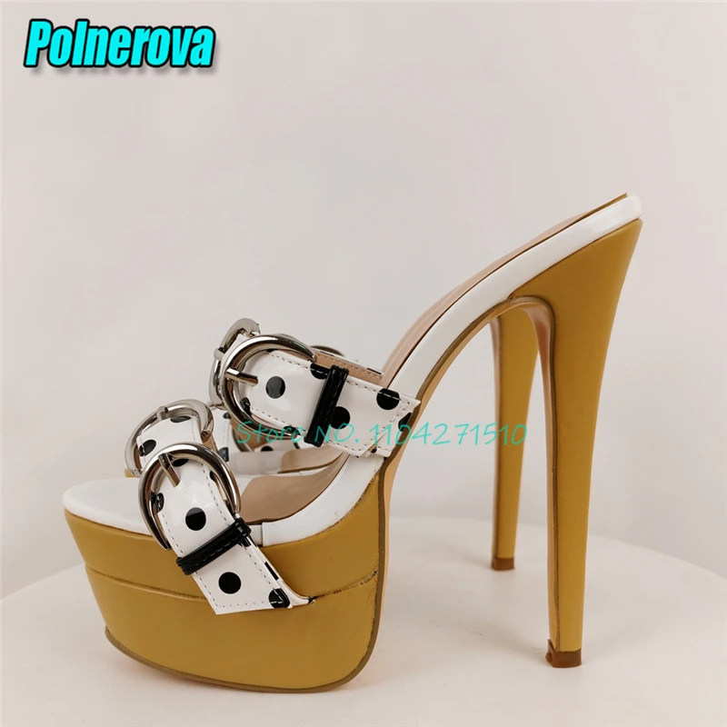 White Polka Dot Platform High Heel Sandals Double Belt Buckle Strap Open Toe Stiletto Heels Slippers Fashion Party Dress Shoes