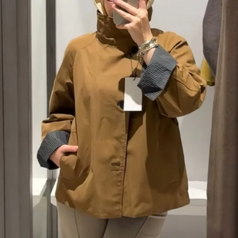 

Двусторонний короткий плащ, женская мода, коричневая верхняя одежда на пуговицах, новинка 2025, осенние повседневные свободные брюки с высоким воротом и длинными рукавами