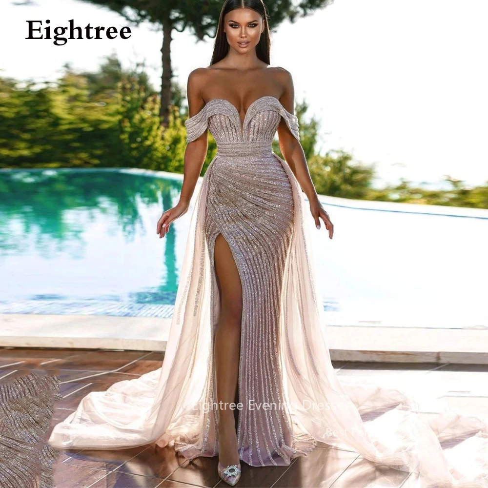 

Eightree Luxury Glitter Sequined Lace Mermaid Evening Party Dresses Split Off Shoulder Dubai Arabic Women Prom Gowns Vestidos