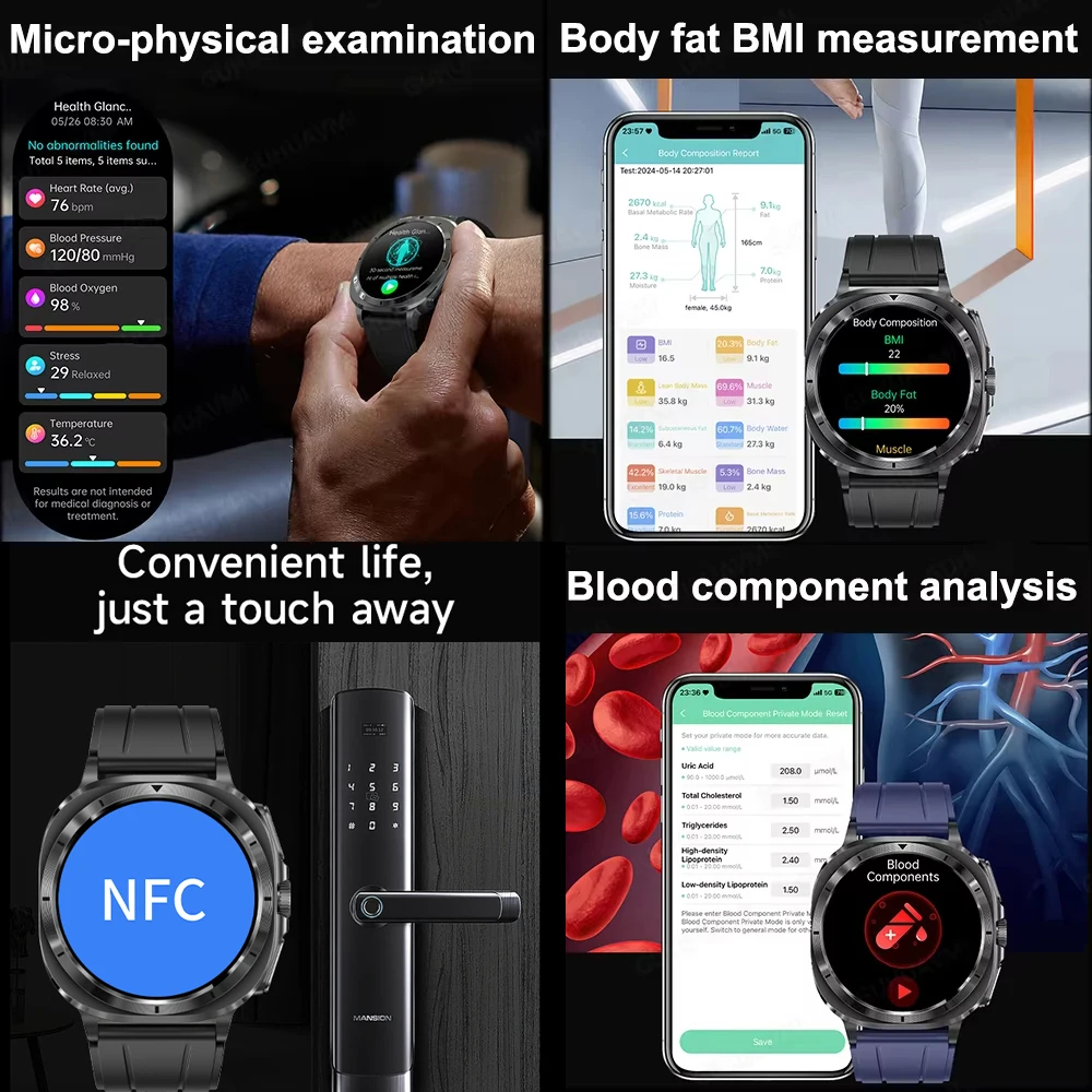 2026 Fashion New Expert level Health ECG+PPG Laser Monitor Uric Acid Smart Watch Men Blood Fat Blood Pressure NFC HD Call Watch