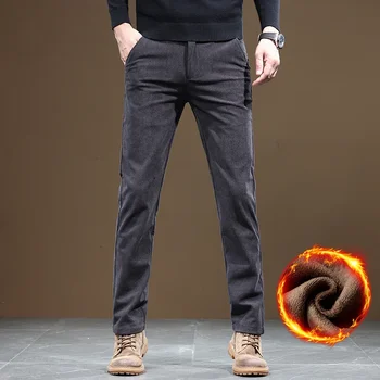 2025 New Winter Fleece Warm Corduroy Pants Men Business Fashion Slim Fit Stretch Thicken Gray Khaki Fluff Casual Trousers Male 5