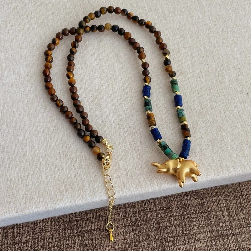 

Minar Cute Mix Color Natural Stone Tigereye Cartoon Elephant Pendant Necklaces for Women Real Gold Plated Strand Chain Chokers