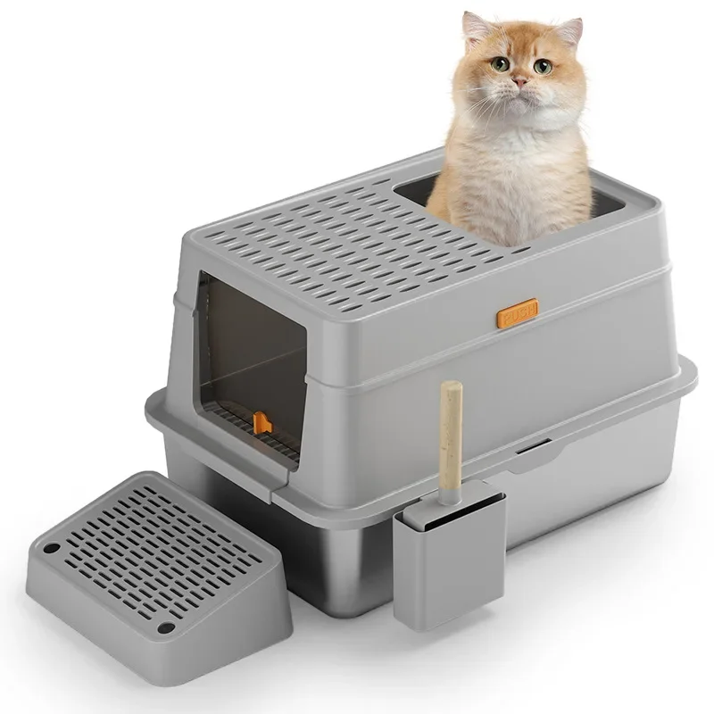 2024 Pet Litter Box Fully Enclosed Top in Oversized Stainless Steel Cat Toilet Splash Proof Cat Supplies Top Out Cat Litter Box