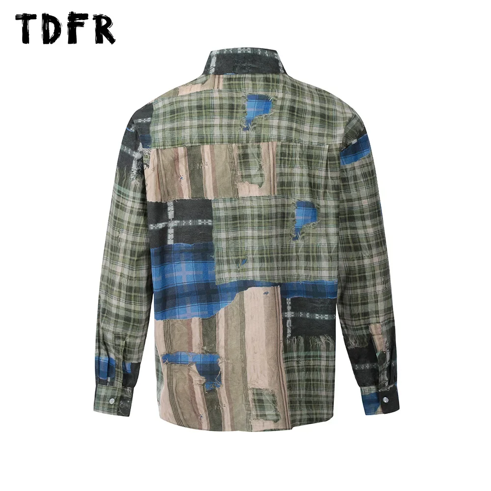 Print Plaid Long Sleeve Shirts Mens Spring Retro Streetwear Single Breasted Loose Lapel Shirts Men