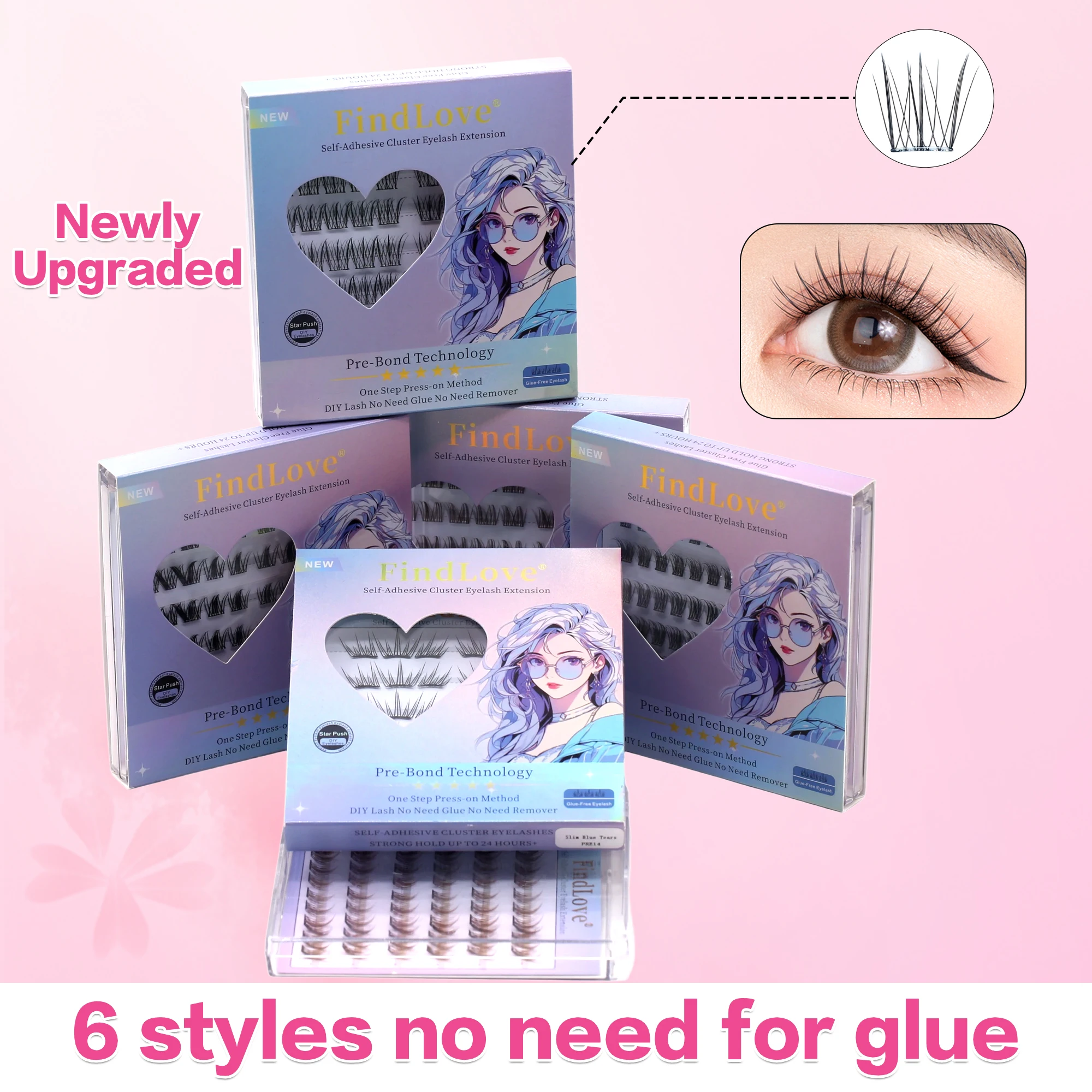 

6Rows Series FindLove Wispy Individual Eyelashes Natural Look Self Adhesive Eyelashes Fluffy Pre Glued Eye Lash Thin Band Reuse