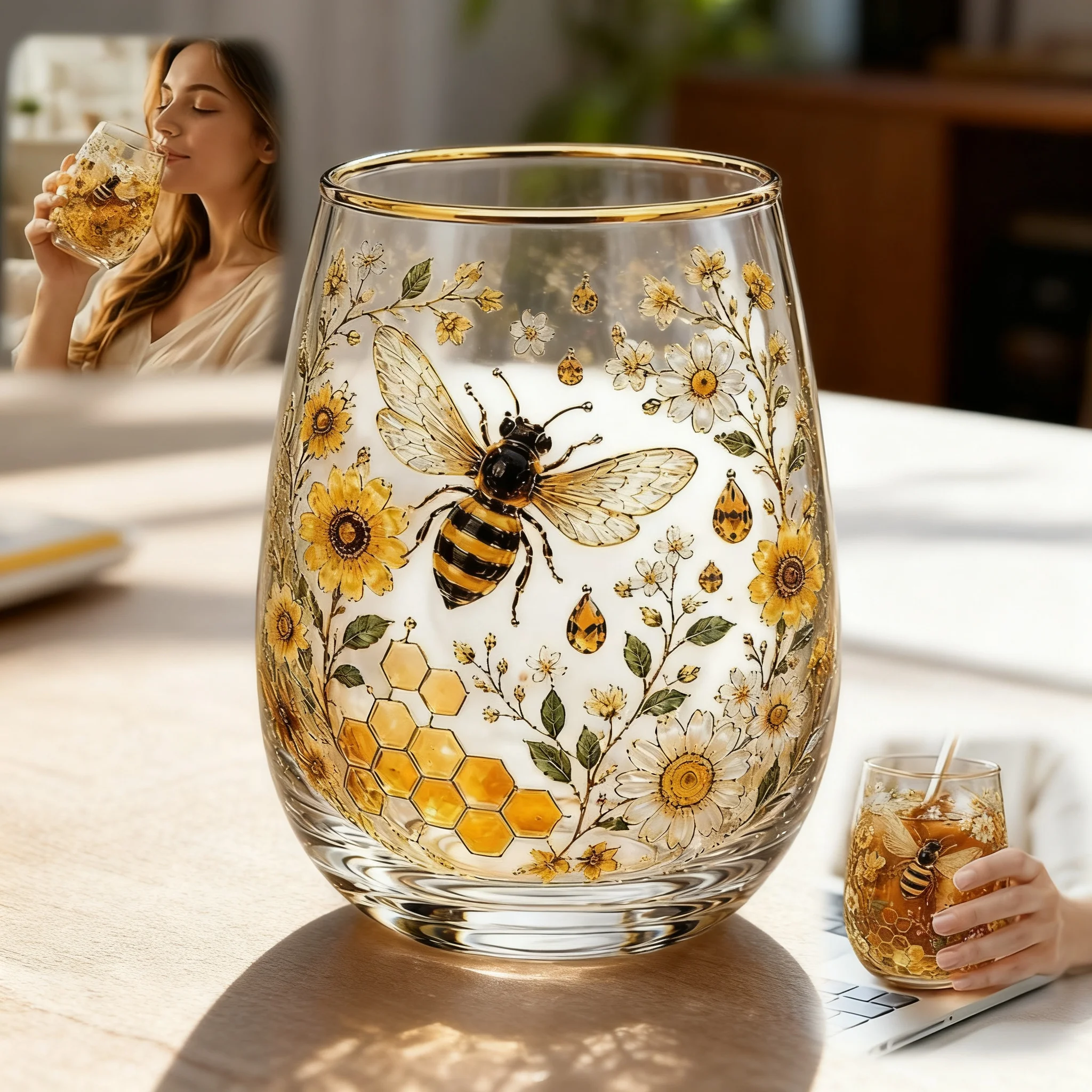 Vintage Gold Edge Hummingbird Cherry Blossom Glass Tumbler, Enamel Floral Bird Design Water Tea Cup Limited Edition 2026 1pcs