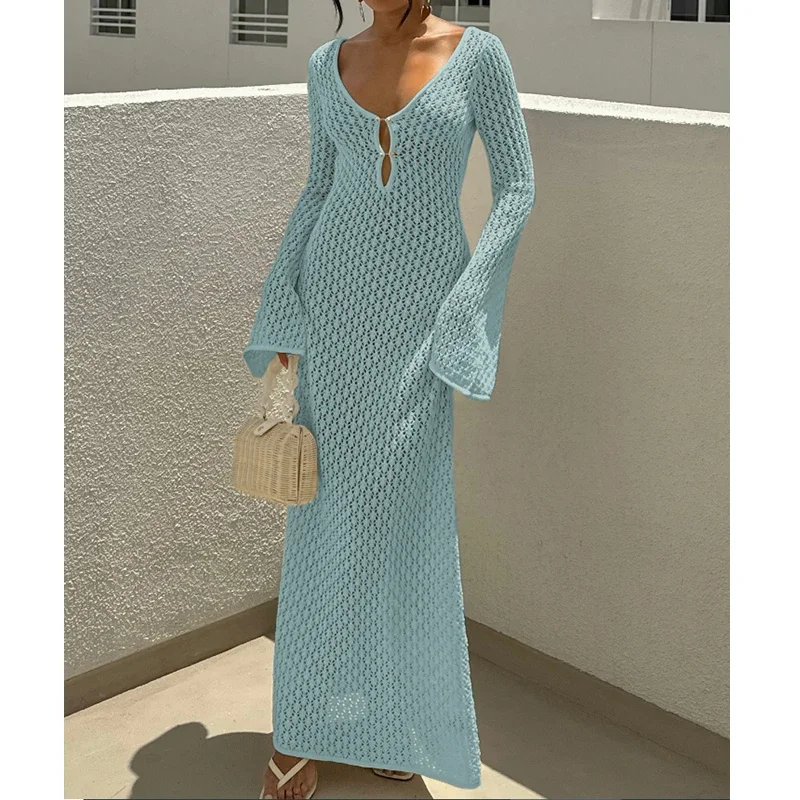 BluWin New Style Knitting Hollow Out V-Neck Long Sleeve Dress Ladies Beach Holiday Backless Bikini CoverUps Sunscreen Long Dress