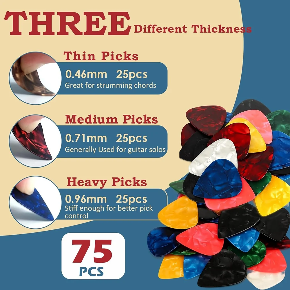 ABHT-Pack de 75 púas de guitarra con caja organizadora de 3 opciones de espesor para modelos acústicos, eléctricos, ukelele y bajos