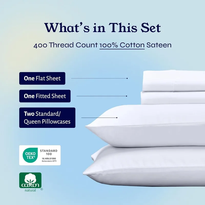 100% Cotton Sheets - 400 Thread Count Sateen Bed Sheets Queen Size Bed Set with Deep Pockets, Cool and Durable Bedding Set