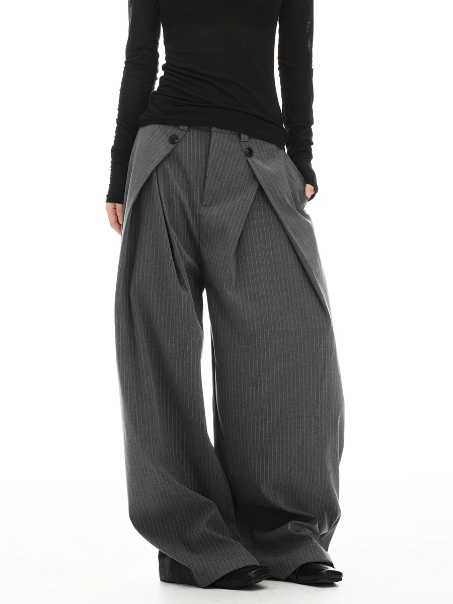 REDDACHiC Calças femininas listradas de pernas largas com bolsos para trabalho casual solto Cleanfit calças de terno plissadas escritório unissex bottoms