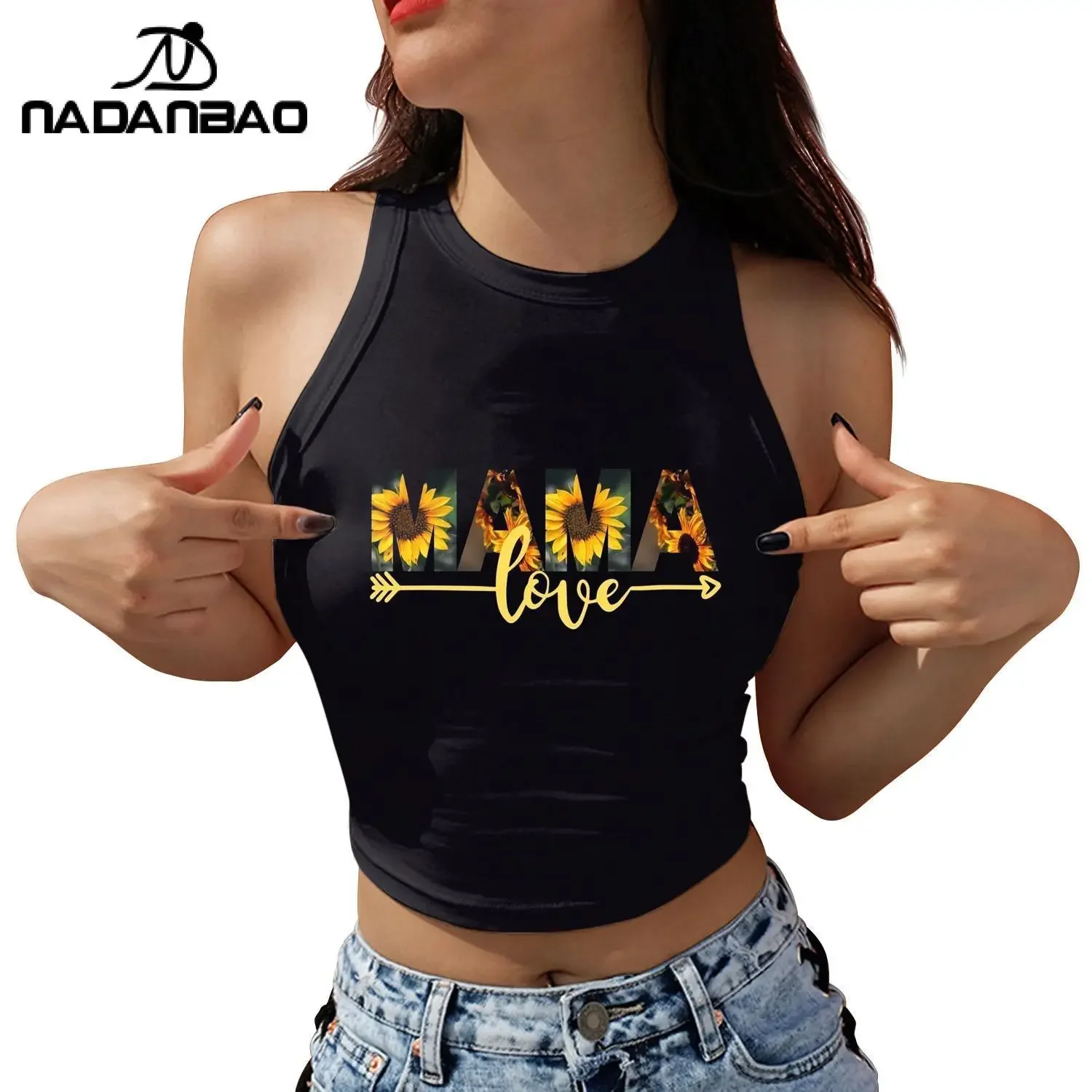

Nadanbao Sunflower MAMA Women Crop Tops Sexy Sleeveless Shirt Round Neck Vest Graphic Tank Top Streetwear Fashion Women Clothing