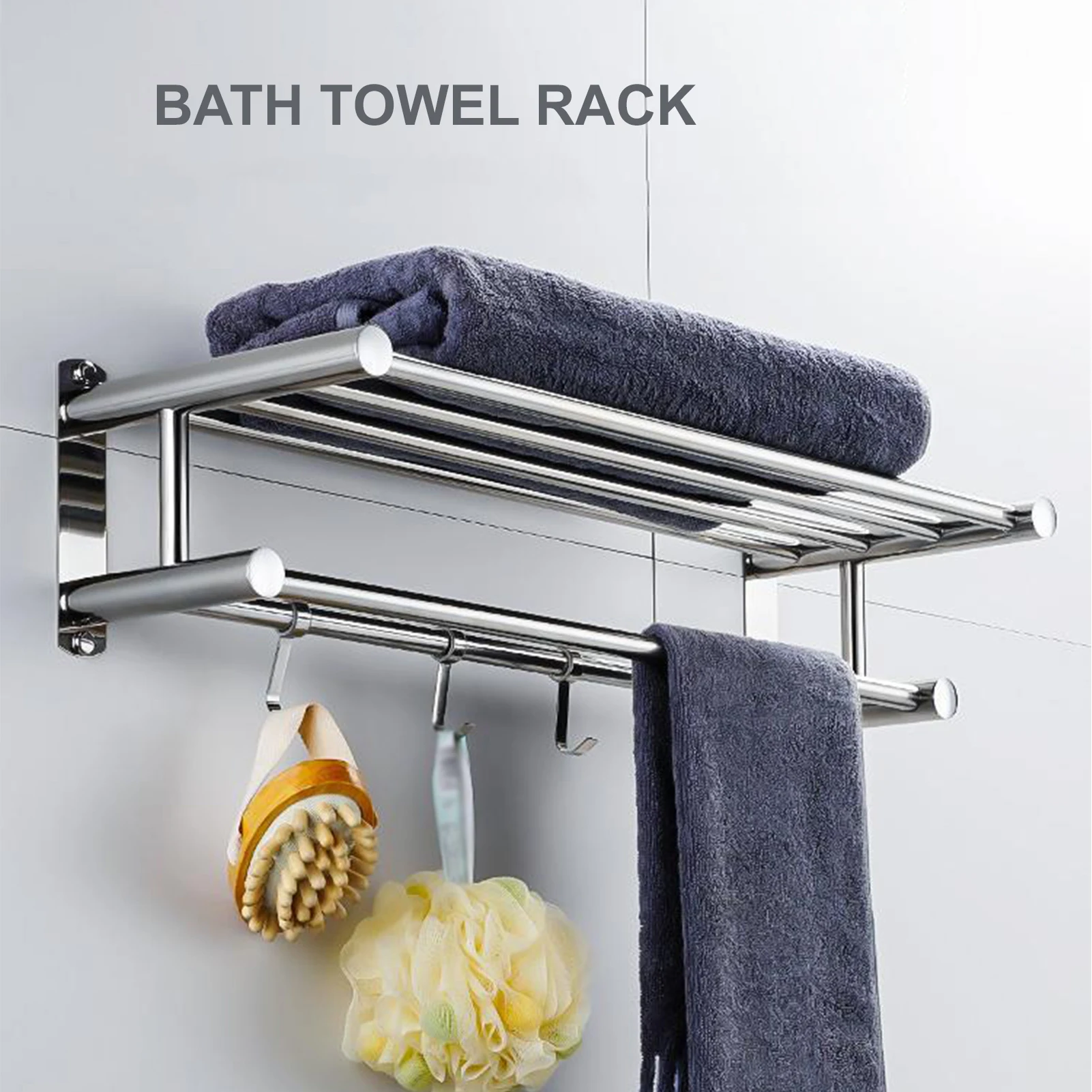 

Bath Towel Rack Double Layered Bathroom Shelves w/ 4 Removable Hooks Wall Mounted Towel Holder 23 Inch Towel Bar Stainless Steel