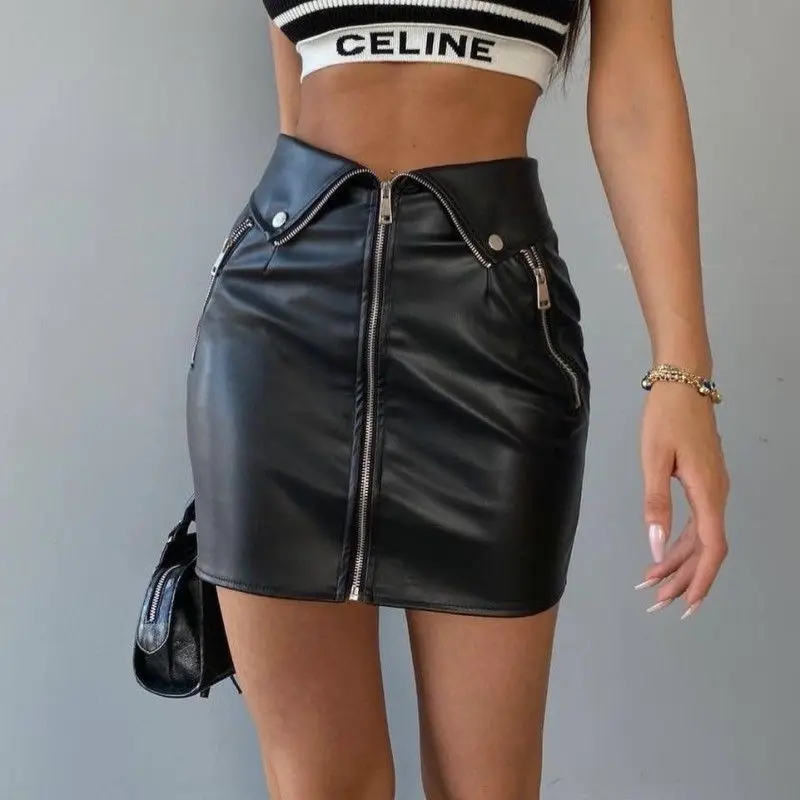 

Mini Skirt High Waist Pockets Zipper Closure Hip-Covering Skirt Sexy Short Skirt Punk Style Women Slim Fit Hip-Covering Skirt