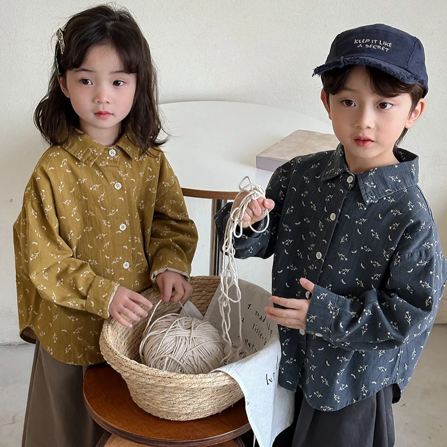 

Children Clothes Kids Casual Shirt Coat 2025 New Spring Floral Long-sleeved Shirt Boys and Girls Vintage Simple Casual Cardigan