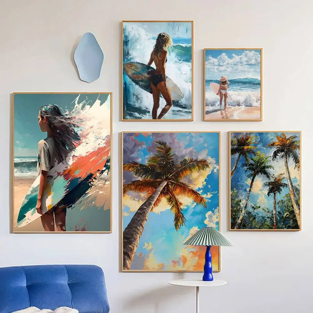 Ocean Waves Boat Surf Palm Trees Poster Self-adhesive Art Room Entrance Restaurant Wall Decor Art Painting