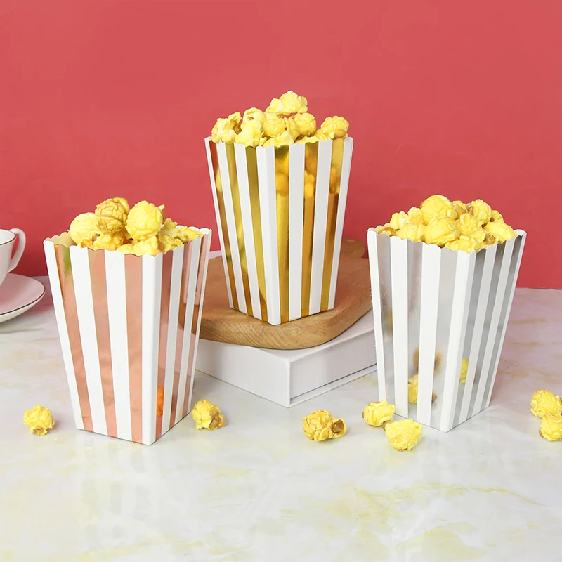 6/12Pcs Paper Popcorn Boxes Rose Gold Silver Stripes Dot Pop Corn Candy/ Sanck Favor Box Wedding Birthday Movie Party Tableware