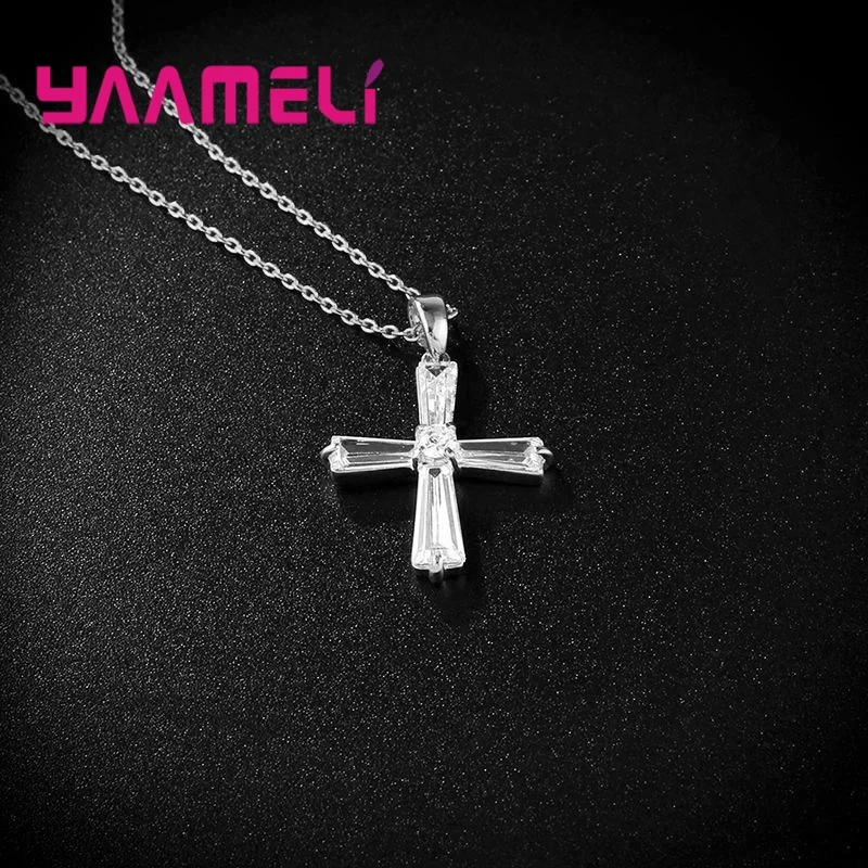Original 925 Sterling Silver Women Men Necklace Shining Cubic Zirconia Paved Cross Pendant/Chain Wedding Party Accessories