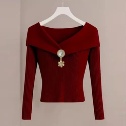 Autumn Winter Women Korean Fashion Elegant Chic Warm Basic Ribbed Knit T-shirt Sexy V Neck Long Sleeve Solid Slim Pullover Tops