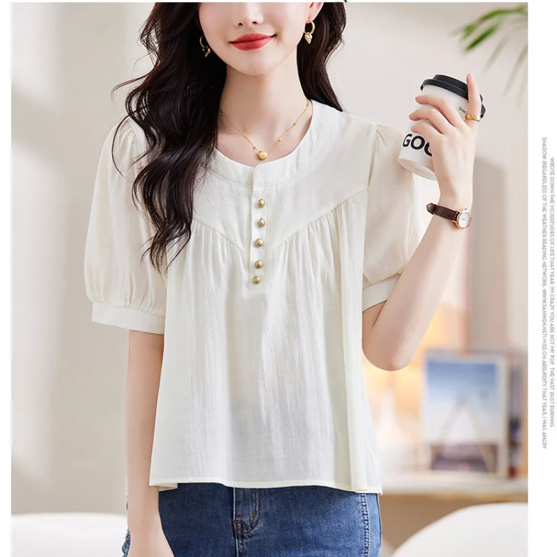 Summer Women\'s Solid Cream Neck Short Sleeve Loose Thin Classic Korean Pullers Button Fashion Casual All Match Commute Tops