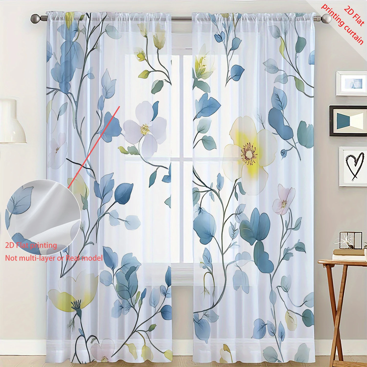 2 Pieces HD Digital Blue leaf yellow flower Printed Window Screen Home Decor Style Decoration Living Room Bedroom Rod