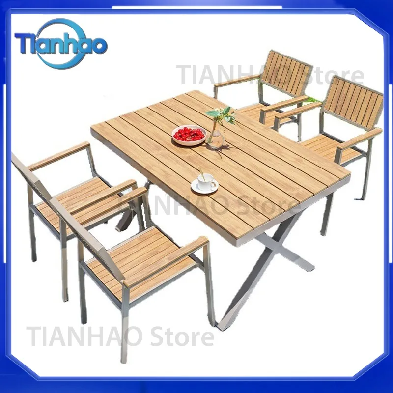 Outdoor Plastic Wood Patio Table and Chairs Set for Open-Air Garden Balcony Furniture Waterproof Sunproof