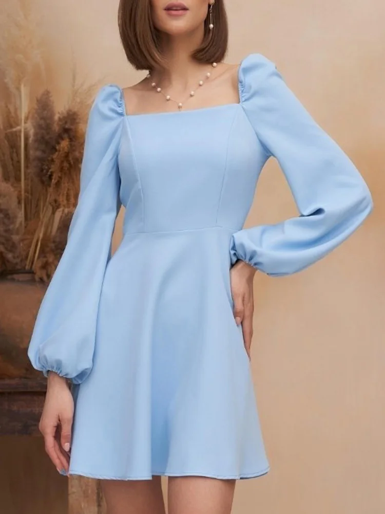 

New Fashion Puff Sleeve Square Collar Knee Length Dress Summer Sexy Mini Dresses High Waist Chic Long Sleeve Party Dresses Robe