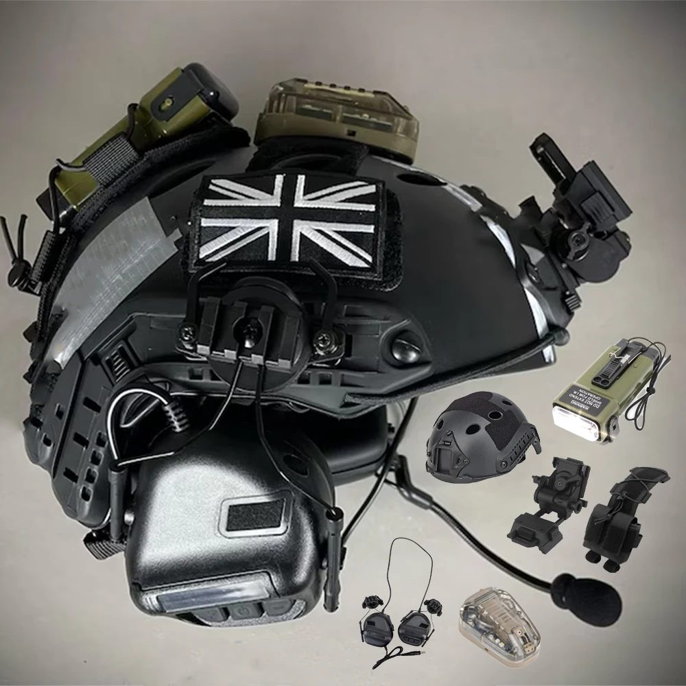 

Tactical Airsoft Helmet Set with Helmet Signal Light Survival Light Headphones L4G24 Bracket for Cod Cosplay Paintball Shooting