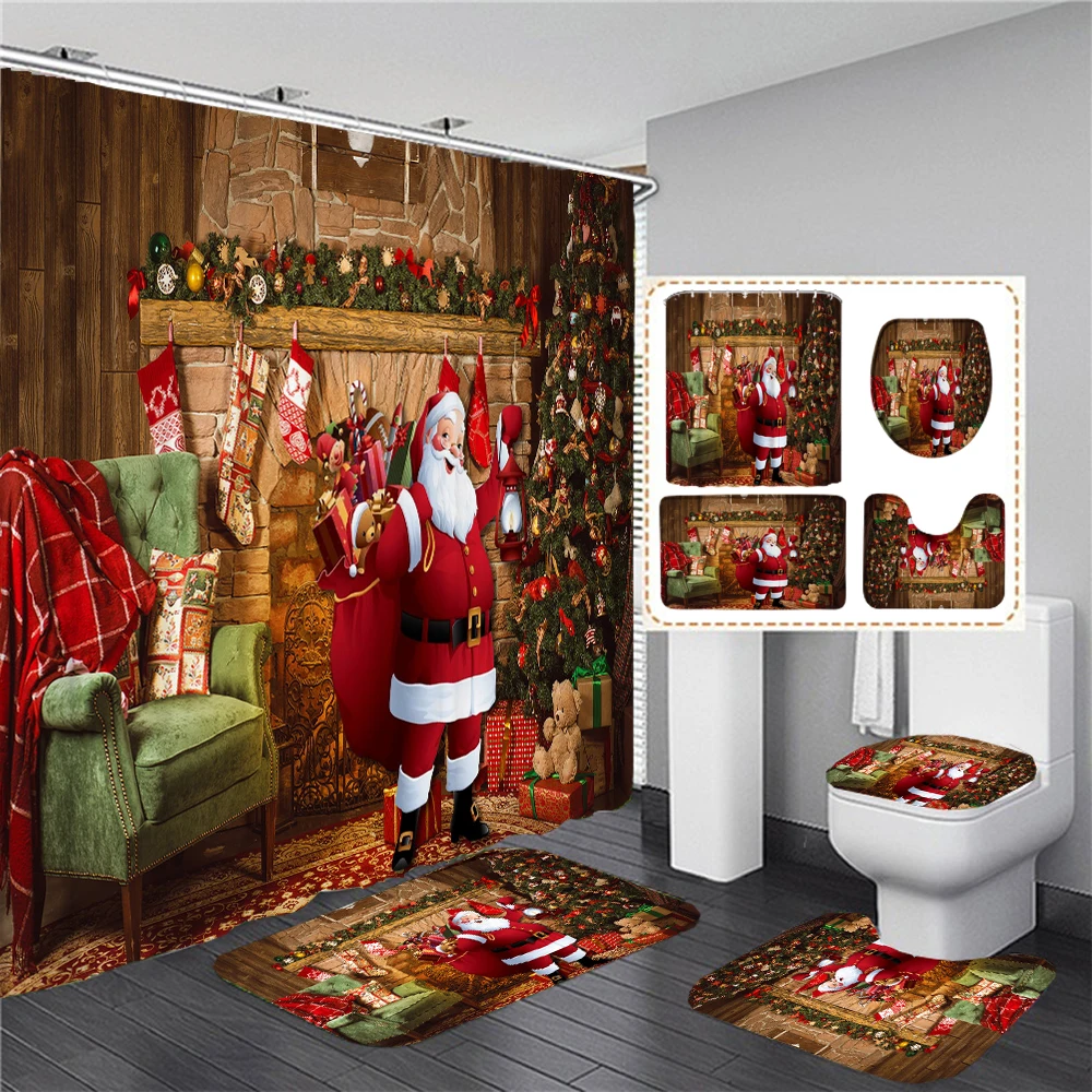 

Merry Christmas Red Bow Printed Shower Curtain Bathroom Curtains Xmas Festival Decoration Pedestal Rug Toilet Lid Cover Bath Mat